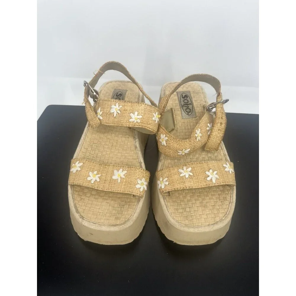 Vintage Y2K Soho Sandals Woven Daisy Floral Wedge No Size *Some Peeling*